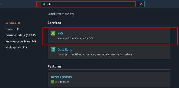 Search for EFS service in AWS console