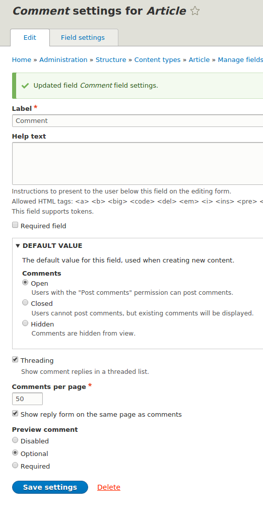 Drupal 8 comment form settings