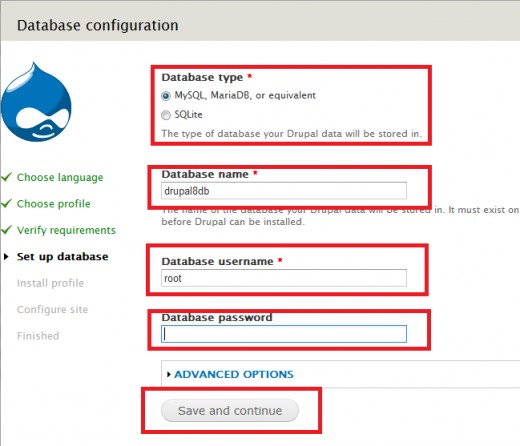 Database configuration page