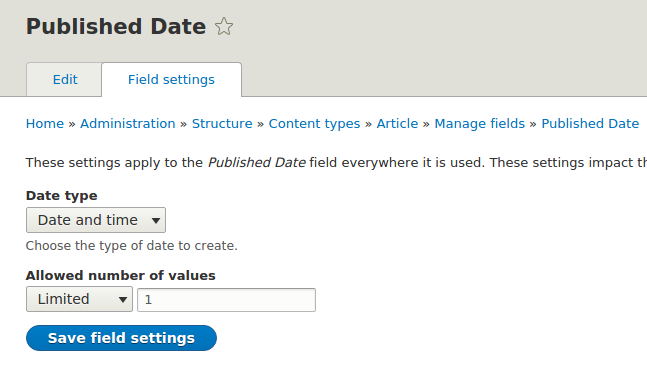 Drupal 8 field setting