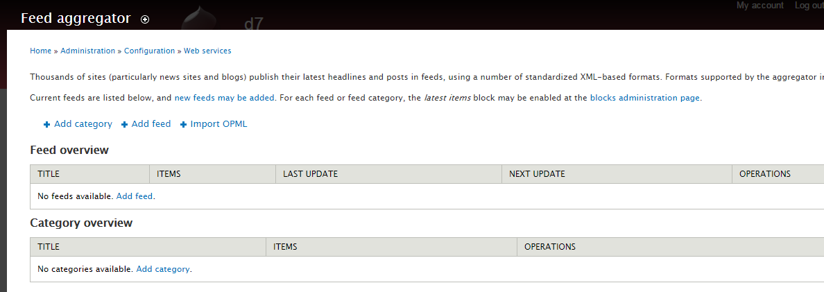 Aggregator configuration page.