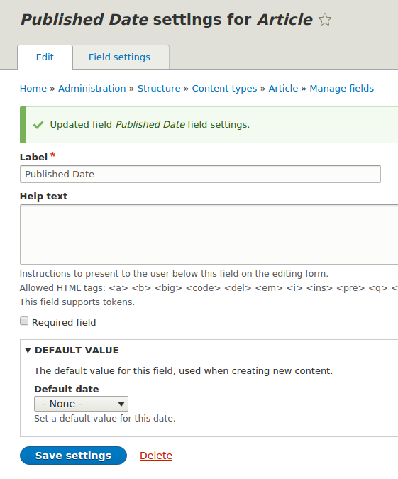 Drupal 8 field configuration page