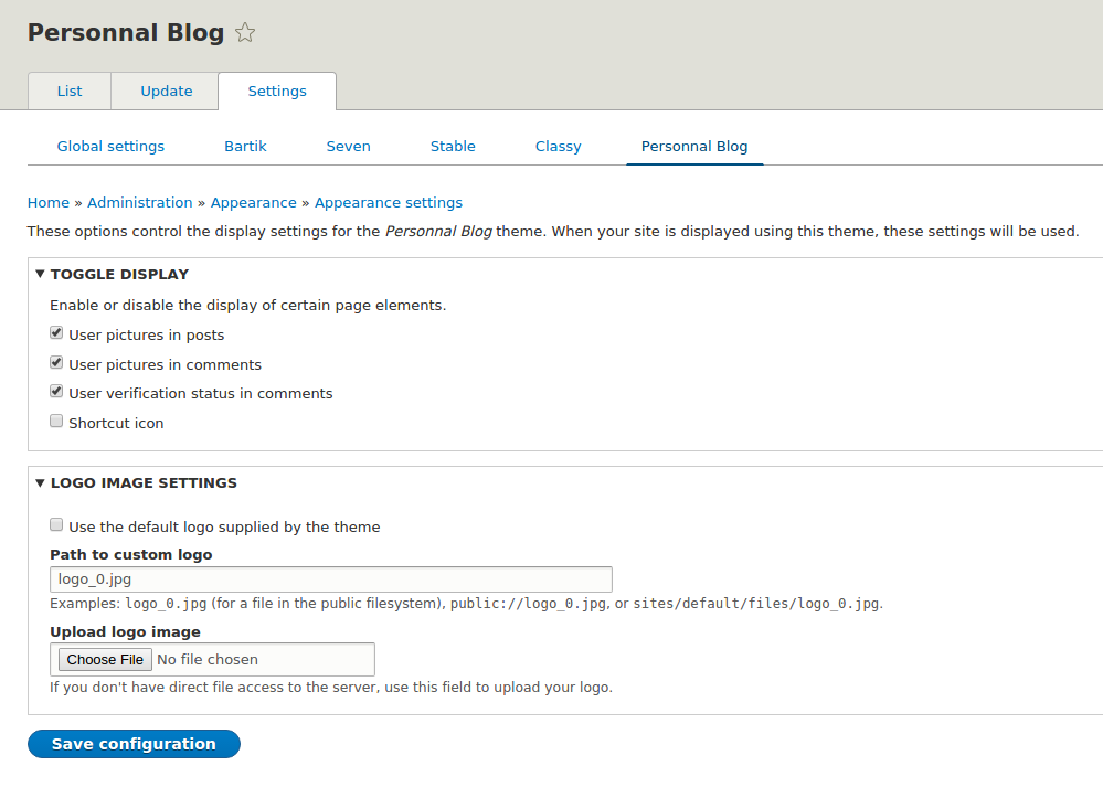 Drupal 8 theme configuration page