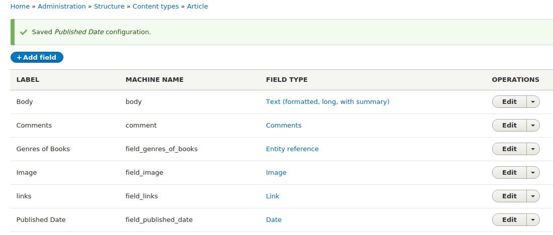 Drupal 8 new filed listing in Content type