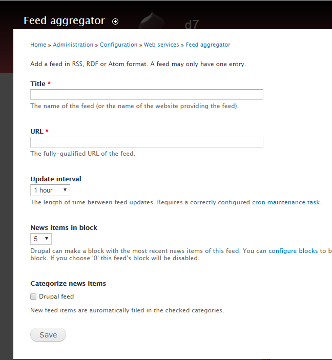 Aggregator configuration page with no data.