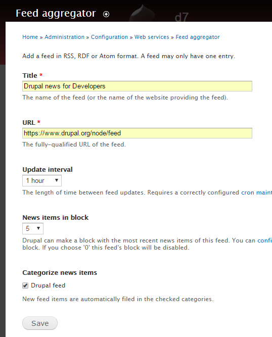 Aggregator configuration page with data.