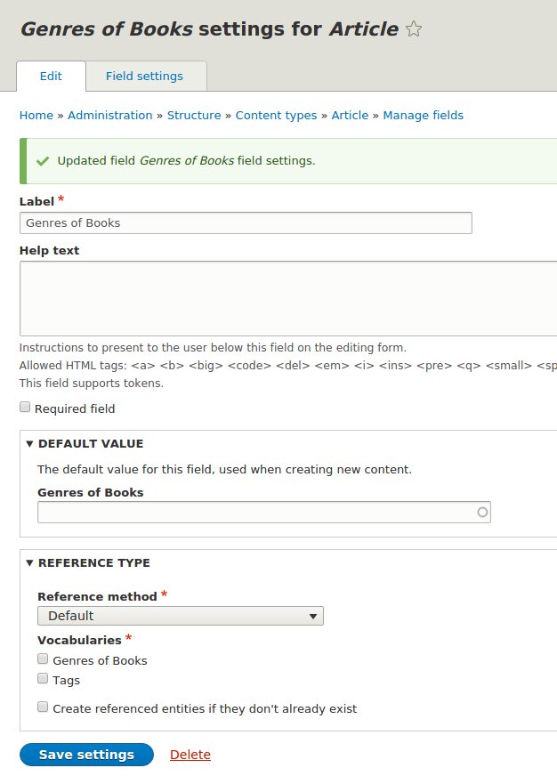 content type setting for article