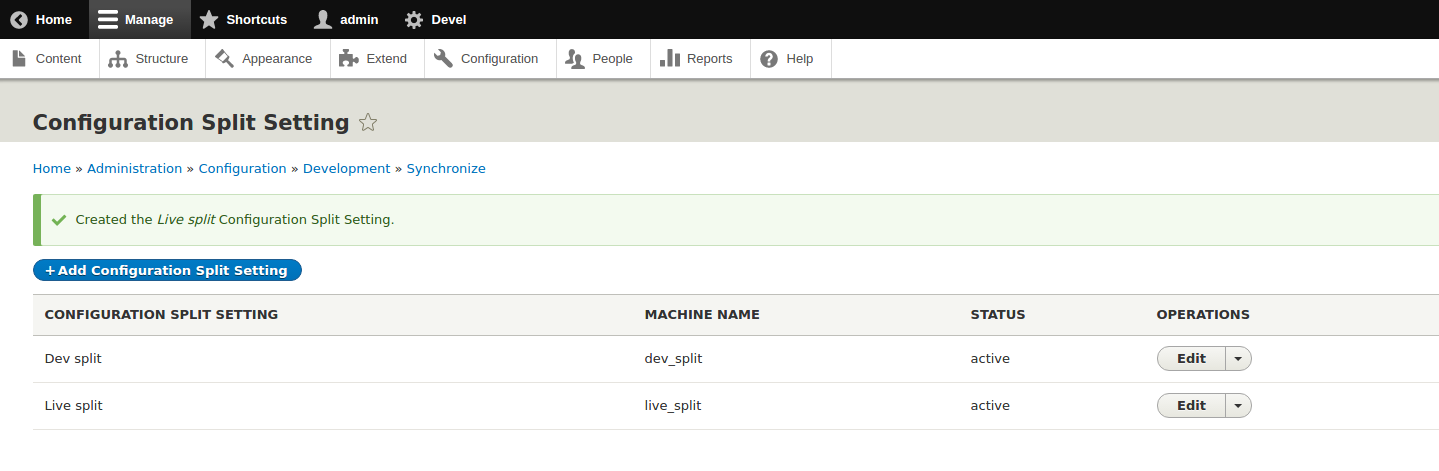 Configuration Split Setting